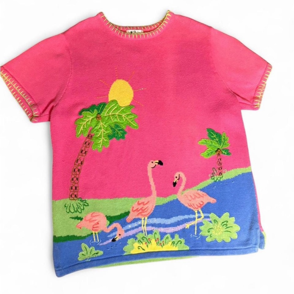 Vintage Quacker Factory Pink flamingo beach Kidcore knit shirt w embroidery